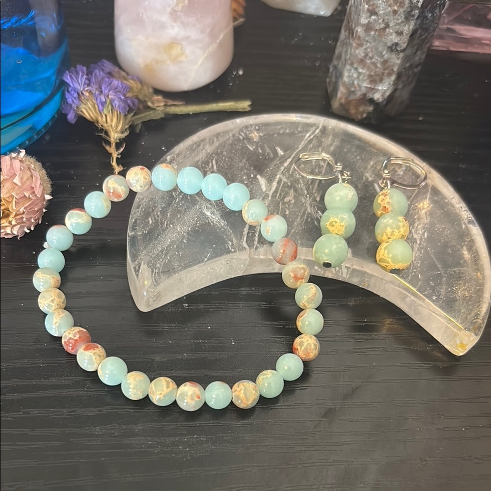 Shoushan Jade Bracelet & Earring Set | Soft Celestial Blues | Handmade